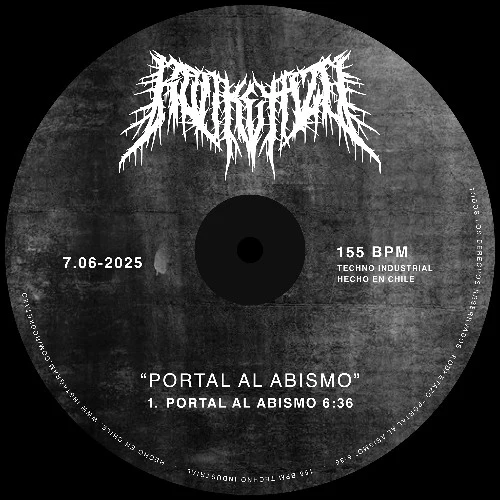 Portada de Portal al Abismo: disco oscuro con textura de concreto y logotipo blanco.